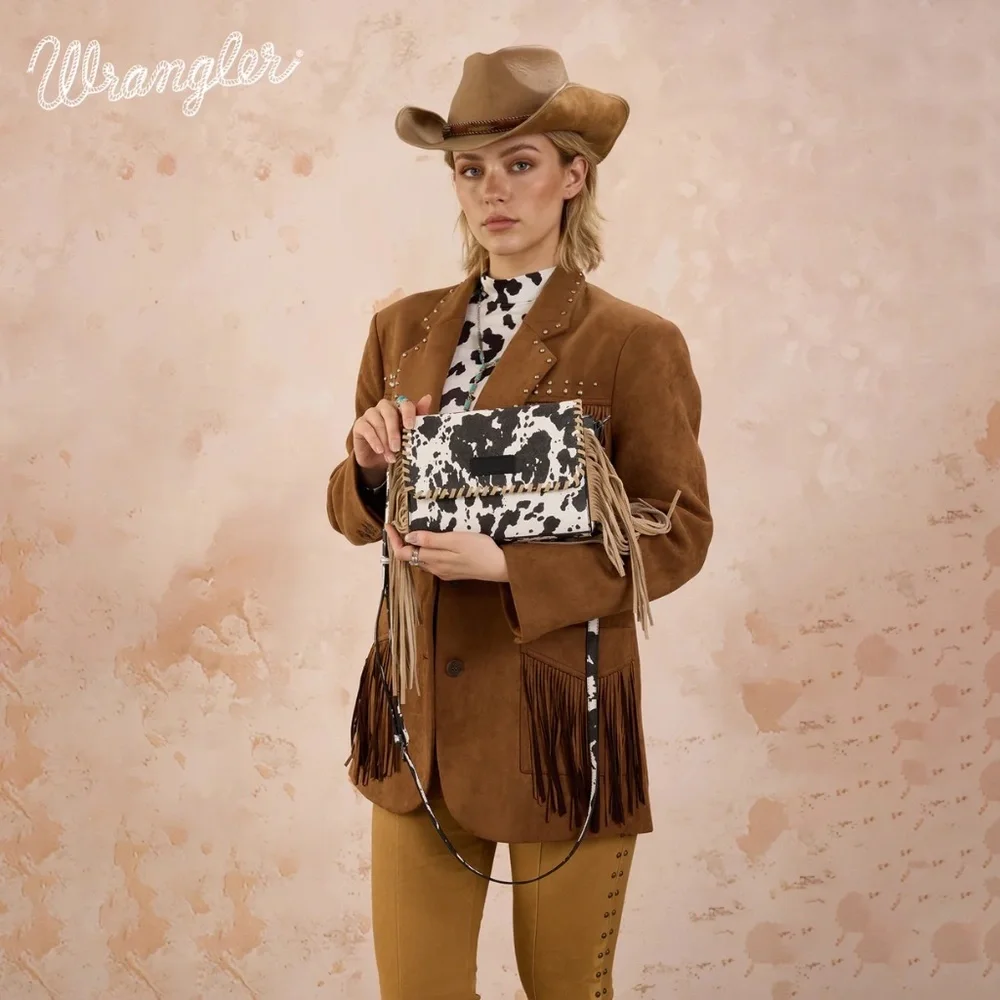 Wrangler Cow Print Fringe Crossbody Bag -Black - Picture 3 of 8